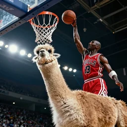film still of a llama in a jersey dunking a basketball like michael jordan, low angle, show from below, tilted frame, 3 5 °, dutch angle, extreme long shot, high detail, indoors, dramatic backlighting.