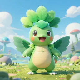 a cute beautiful plant type pokemon with happy smile, green feathers bursting out of his hair, full body portrait, highly detailed digital art, 3 d perspective, award - winning illustration, aesthetic, smooth, pokemon style, made by greg rutkowski, with an alien landscape in the background