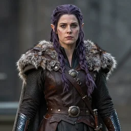 anya charlota as a medieval fantasy tolkien elf, dark purplish hair tucked behind ears, wearing leather with a fur lined collar, wide, muscular build, scar across the nose, one black, scaled arm, cinematic, character art, real life, 8 k, detailed.