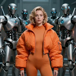 beautiful fantasy character portrait, linda hamilton, wearing orange puffy bomber jacket with leotard, futuristic robots, ultra realistic, dramatic lighting, robots, the fifth element artifacts, highly detailed by peter mohrbacher, hajime sorayama, wayne barlowe, boris vallejo, aaron horkey, gaston bussiere, craig mullins