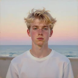 a teen guy with a blonde mullet, portrait, sunset, ocean in distance, oil painting, pale colors, high detail, 8 k, wide angle, trending on artstation,