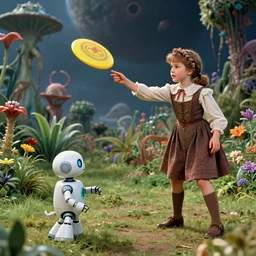 detailed, sharp, a boy and a girl playing frisbee with their cute pet humanoid robot, wearing 1860s era clothes, in the garden on a strange planet with strange alien plants and flowers growing, extremely highly detailed,  70 mm action still from a classic period sci fi color movie, 4k, HD, cinematic lighting