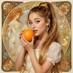 beautiful cottagecore Ariana Grande holding an orange Orange, intricate, elegant, highly detailed, digital painting, artstation, concept art, smooth, sharp, focus, illustration, art by artgerm and greg rutkowski and alphonse mucha