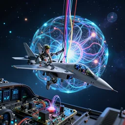 dark virtual simple cockpit. foreground : a beautiful robot fighter pilot is battling, suspended by luminous intricate organic and colorful electric cables and wires and fiber to the jet cockpit computer motherboard, experiencing the quantum field cinematic highly detailed realistic beautiful cosmic neural network o
