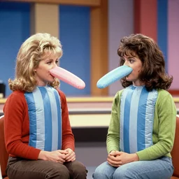 1982 twin women on tv talk show wearing an inflatable  long prosthetic snout nose soft color wearing stripes 1982 color film archival footage 16mm John Waters Russ Meyer Almodovar Doris Wishman