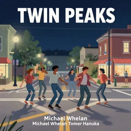 Twin Peaks poster artwork by Michael Whelan and Tomer Hanuka, Rendering of teenagers dancing at night in the street corner the only intersection in town with a soft colorful glow from the traffic light hanging from scene from Twin Peaks, full of details, by Makoto Shinkai and thomas kinkade, Matte painting, trending on artstation and unreal engine