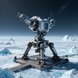 robotic cybernetic mining rig on launchpad on cybernetic ice planet. digital render. space sky. biotic ice. james gilleard. futuristic. detailed. mike winkelmann. beeple. robot. artstation.
