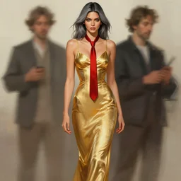 kendall jenner wearing a golden dress, grey hair, red necktie, cinematic, stunning, highly detailed, digital painting, artstation, smooth, hard focus, full body shot, illustration, art by artgerm and greg rutkowski and alphonse mucha