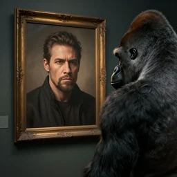 Gorilla looking at a framed portrait of a man, hyperrealistic, concept art, 8k, artstation, cinematic, volumetric lighting