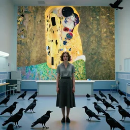 a woman in an hospital, a lots of crows, hyperrealistic film still by edward hopper, by gottfried helnwein, by klimt, by paolo uccello, art nouveau, highly detailed, strong lights, liminal, eerie, symbolist, bright pastel colors
