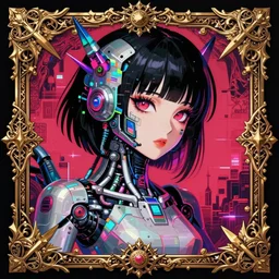 futuristic japanese cyberpunk bladerunner silk screen by utagawa yoshiiku, ohara koson, pixiv contest winner, cyberpunk style, cyberpunk color scheme, mechanical, robotic, human machine interface, high resolution, hd, bold clear lines, baroque bedazzled gothic royalty frames surrounding a pixelsort emo demonic horrorcore japanese beautiful fairy kei doll, sharpened early computer graphics, remastered chromatic aberration