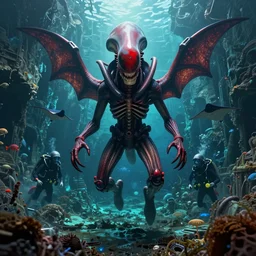 xenomorph greeting ocean divers emerging from the walls of a sunken tunnel rotting, helmet, beksinski, bruehgel, only red, great winged demon, manta rays, detailed background, photograph, masterpiece, alien bifurcated, style of otomo and tsutomu nihei