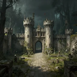 a highly detailed 4 k fantasy matte painting of pov camera of the castle courtyard with open entrance open with dark forrest on the other side, zdzislaw beksinski, artstation, cgsociety, unreal engine