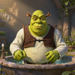 shrek with elon musk in the bath photo - realistic