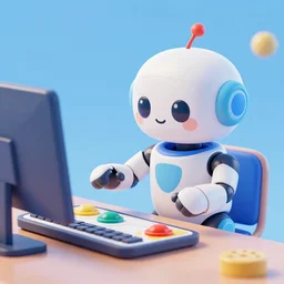 a picture of a cute colorful humanlike robot playing a game on a computer, octane render, 3 d model