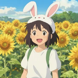 Tonemapped Cheerful anime girl with bunny hat in the style of Makoto Shinkai and Yun Koga with a field of sunflowers in background
