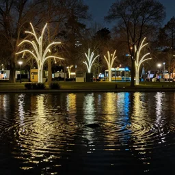 park drowned in water with lots of lights at night, 8k, realistic, trending on artstation