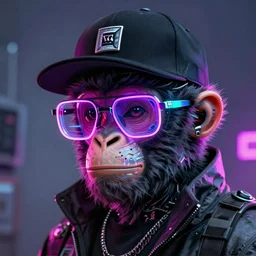 cyborg synthwave cyberpunk neon glasses japanese monkey wearing a hat, 8k, very detailed,