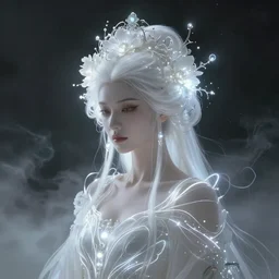 a beautiful majestic white queen with flowers on her hair, glowing light orbs, intricate concept art, elegant, digital painting, smooth, sharp focus, ethereal mist, deep colors, illuminated lines, outrun, vaporware, dark background, cyberpunk darksynth, ethereal, ominous, misty, 8 k, rendered in octane, by ruan jia and miho hirano