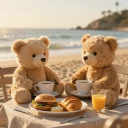 a pair of teddy bears having breakfast at the beach, golden hour, digital art, cinematic