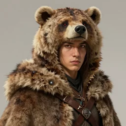 head and shoulders character portrait of a young shaman wearing a bearskin cloak. D&D character art.