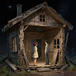 two lovers leave each other inside wooden broken house by simon stålenhag, very highly detailed, award winning, rendered by Beeple, by Makoto Shinkai, syd meade, starwars, space art concept, digital art, unreal engine, blender, WLOP, trending on artstation, 4K UHD image, octane render