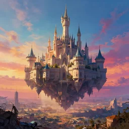 a beautiful hyper realistic detailed matte painting of a city floating in the air, flying castle might, vivid color hues, looks like creativity by john howe, greg rutkowski, gustave dore, ferdinand knab, lush sky above a desolate apocalyptic plain, barometric projection, rectilinear, octane render, ellen jewett, beautiful surreal palatial pulsar at dawn