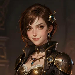 portrait of a beautiful steampunk medieval girl with short brown hair, men's haircut, and smiling, dramatic lighting, illustration by greg rutkowski, yoji shinkawa, 4 k, digital art, concept art, trending on artstation