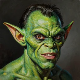 ultra realistic head and shoulders portrait painting of tom selleck as green goblin, art by frank frazetta, 4 k, ultra realistic, highly detailed, epic lighting