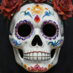 a close - up of a dia de los muertos skull face mask, surrealist painting by igor morski, gediminas pranckevicius, beeple, ornament, porcelain, super - resolution, soft lighting, ray tracing global illumination, in a symbolic and meaningful style
