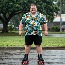 happy fat man in a hawaiian shirt and roller skates, rain