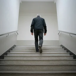 looking down upon a man who walks down a staircase, perspective, by sergey belik