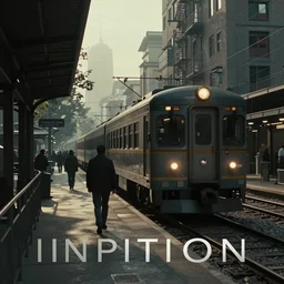 Train driving through a street, film still from Inception