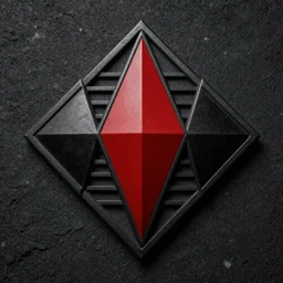a dark desaturated photograph of a military insignia with three interlocking diamonds, red central geometric shape, glossy black liquid latex, asphalt and metal, intricate black metal logo, designed by helmut lang and junya watanabe, asymmetrical cinematic composition, 8k hyperrealistic, hyper-detailed, 10mm camera, highly textured, dark volumetric lighting, fine details, muted, octane render — h 768 - n 9