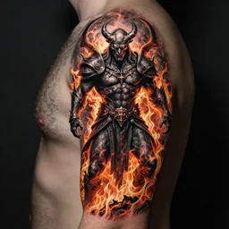 diablo lord of terror, engulfed in flames, detailed greyscale tattoo by Dmitriy Tkach