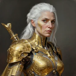 a painting of a middle aged woman with white hair in the style of god of war, golden machine parts, intricate, elegant, featured on cgsociety, photorealism, detailed painting, artstation hd, ultra detailed, concept art, smooth, sharp focus, illustration, a character portrait by pogus caesar, 8 k