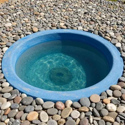 a sort of a pond deep in the midle made of blue painted concrete and covered by  smooth colorful pebbled and filled with clear water , beautiful well detailed renders of landscape high definition , Ansel Adams , Michael Kenna , Nadav Kander  ,Sebastião  n 5