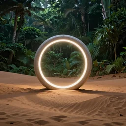 a luminous circular stargate in the desert with a lush jungle visible on the other side