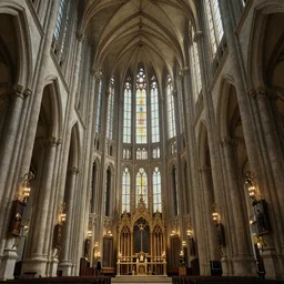 a painting of the interior decoration of a very tall gothic temple, 4k, Unreal 5, Octane render, Hyperrealistic, Exquisite detail