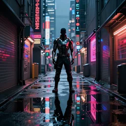 a cyberpunk cyborg in an alley in future tokyo at night, reflections on wet ground by sachin teng and pascal blanche nekro josan gonzalez rhads ruan jia. in style of digital art. cinematic lighting, film noirs, symmetry, vibrating colors, hyper detailed. octane render, artstation, clear, sharp, straight lines