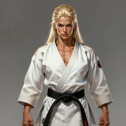 very muscled Amazon platinum blonde as a ruggedly mean looking heroine, wearing karate gi, intricate, elegant, highly detailed, centered, digital painting, artstation, concept art, smooth, sharp focus, illustration, art by artgerm and donato giancola and Joseph Christian Leyendecker, WLOP