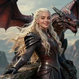 closeup portrait of happy beautiful daenerys targaryen leaning against dragons, long blonde windblown hair and dragonskin armor, standing on a ledge of a mountain, glamour pose, detailed illustration, digital art, trending on artstation, soft ambient lighting, volumetric lighting, rim lighting, yoshitaka amano, daniel merriam, alphonse mucha, arney freytag, maxfield parrish,