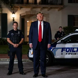 Donald Trump getting arrested by the FBI at Mar-a-Lago, photorealistic, dramatic lighting