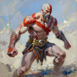 greg manchess painting of kratos as overwatch character, impasto, rough canvas textured, asymmetrical, organic painting, dynamic pose sunny day, loose brush strokes, hard edges, conceptart, art by gil elvgren and ruan jia and rob rey