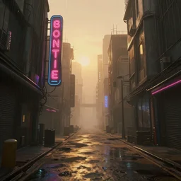 deserted narrow cyberpunkstyle city street, fog, rain, neon sign, volumetric lighting, beautiful, golden hour, sharp focus, ultra detailed, cgsociety