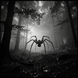 Foggy forest at night, giant spider lurking in the distance, cinematic, black and white, 16mm
