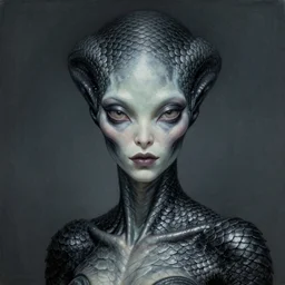 ultra realist soft painting of a single attractive alien female, black scales, symmetry accurate features, very intricate details, focus, curvy, artstyle Zdzisław Beksiński, award winning