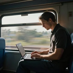 a man sitting on top of a moving train working on his laptop, high shutter speed action photo