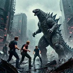 pacific rim robot fight with Godzilla in the wreckage city in the rain,by Les Edwards，Larry Elmore,angus mckie,James Paick,Ted Nasmith, trending on artstation,Blade Runner 2049,8k,ultra realistic,high detail,golden ratio,cinematic lighting,maximalist