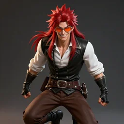 An epic fantasy comic book style portrait painting of young man with red spiked long hair, using an orange lens googles. Wearing white shirt, a black waistcoat, brown pants and black boots. He is with a vicious smile in face. Unreal 5, DAZ, hyperrealistic, octane render, cosplay, RPG portrait, dynamic lighting